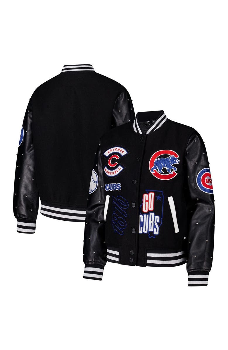 THE WILD COLLECTIVE Women's The Wild Collective Black Chicago Cubs Full-Snap Varsity Jacket, Alternate, color, 
