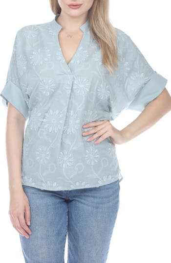 Rain And Rose Embroidered Cotton Shirt In Lt Blue