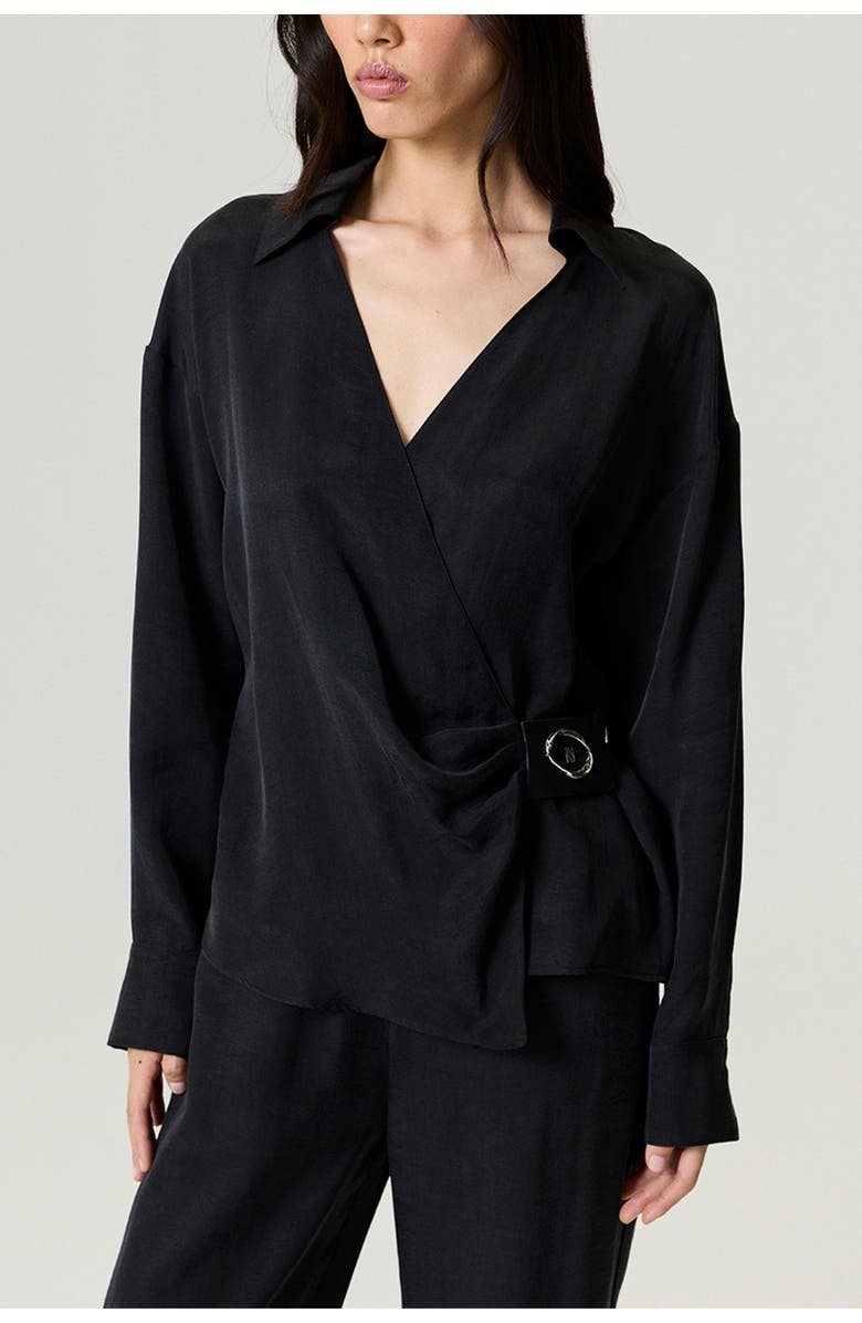Nocturne Logo Buckle Wrap Blouse, Alternate, color, Black