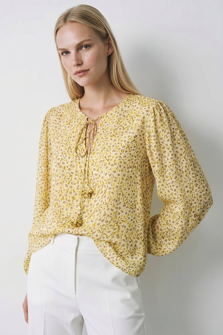 Florenz Crew Neck Tie Front Patterned Blouse, Alternate, color, Multi Color