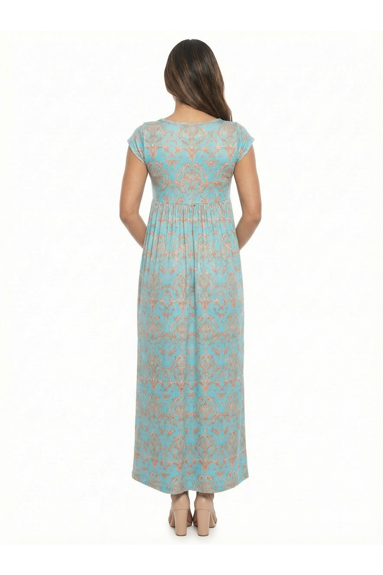 Maternity Abstract Square Neck Cap Sleeve Pleated A-Line Maxi Dress, Alternate, color, Blue Multi