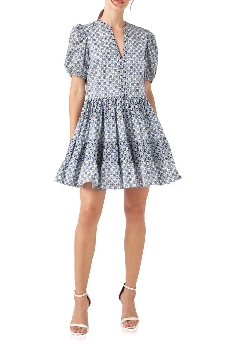Tile Print Tiered Cotton Dress, Main, color, WHITE/ BLUE