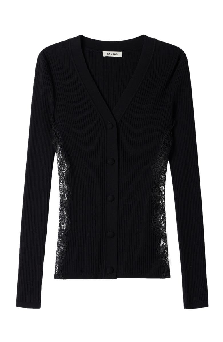 SANDRO Cardigan with lace panel, Alternate, color, Black