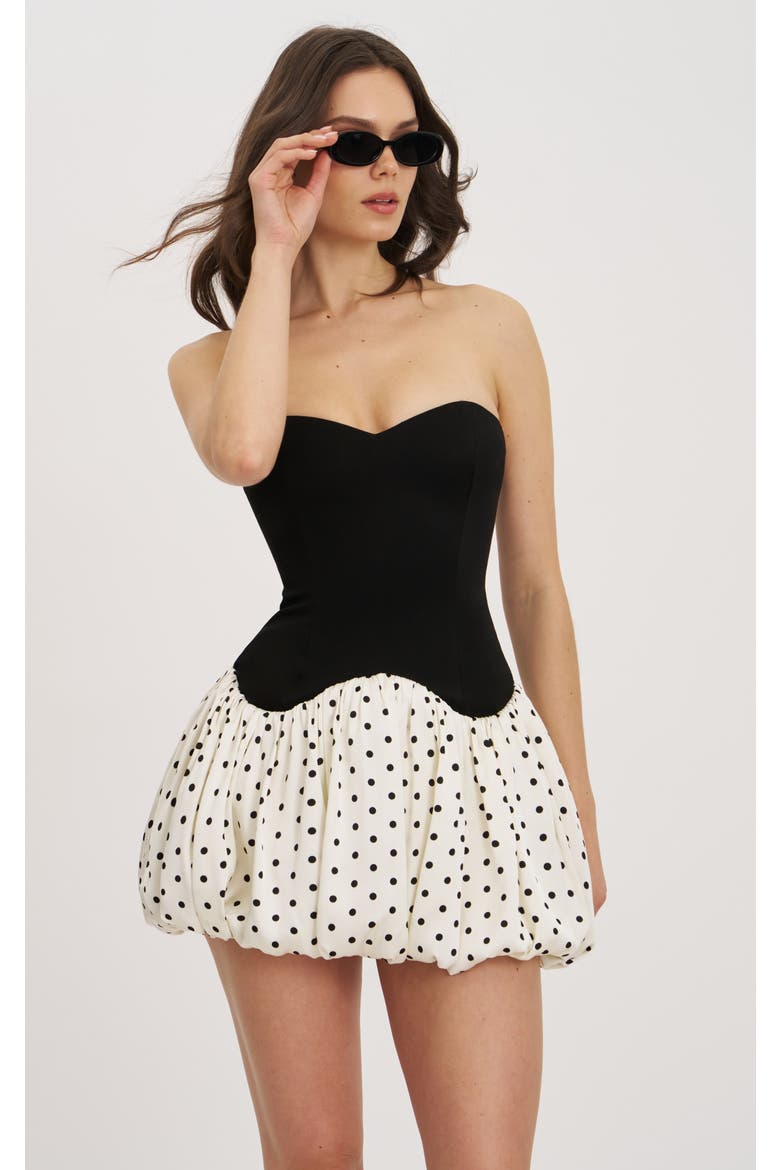 Dahliana Polka Dot Bubble Hem Corset Mini Dress, Main, color, Black and Polka dot
