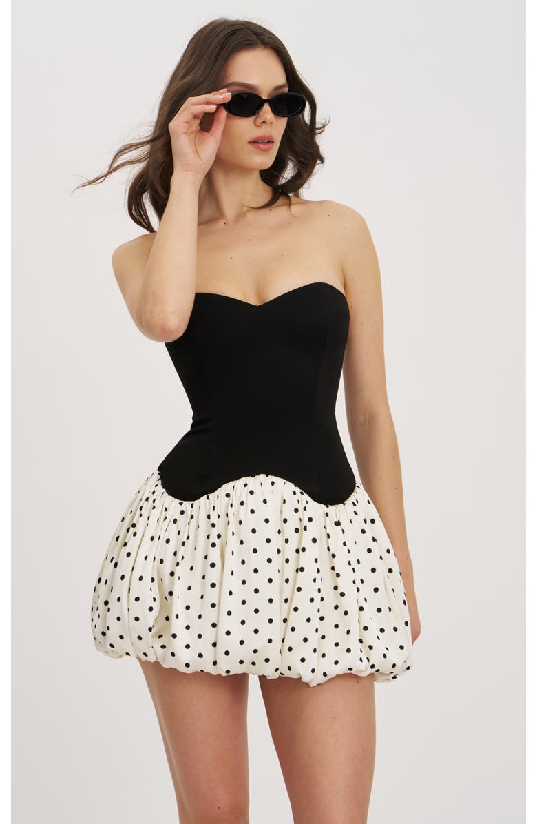 Miss Circle Dahliana Polka Dot Bubble Hem Corset Mini Dress, Main, color, Black And Polka Dot