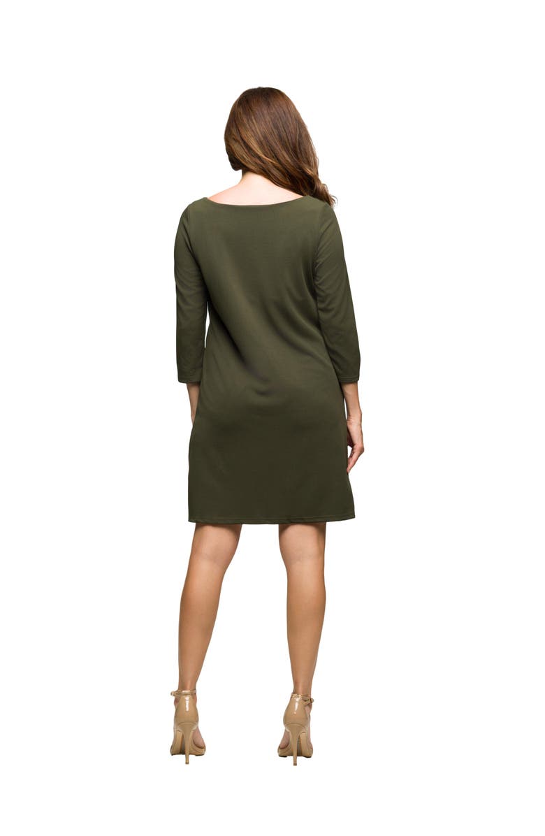 24seven Comfort Apparel Three Quarter Sleeve A Line Knee Length Dress, Alternate, color, Olive
