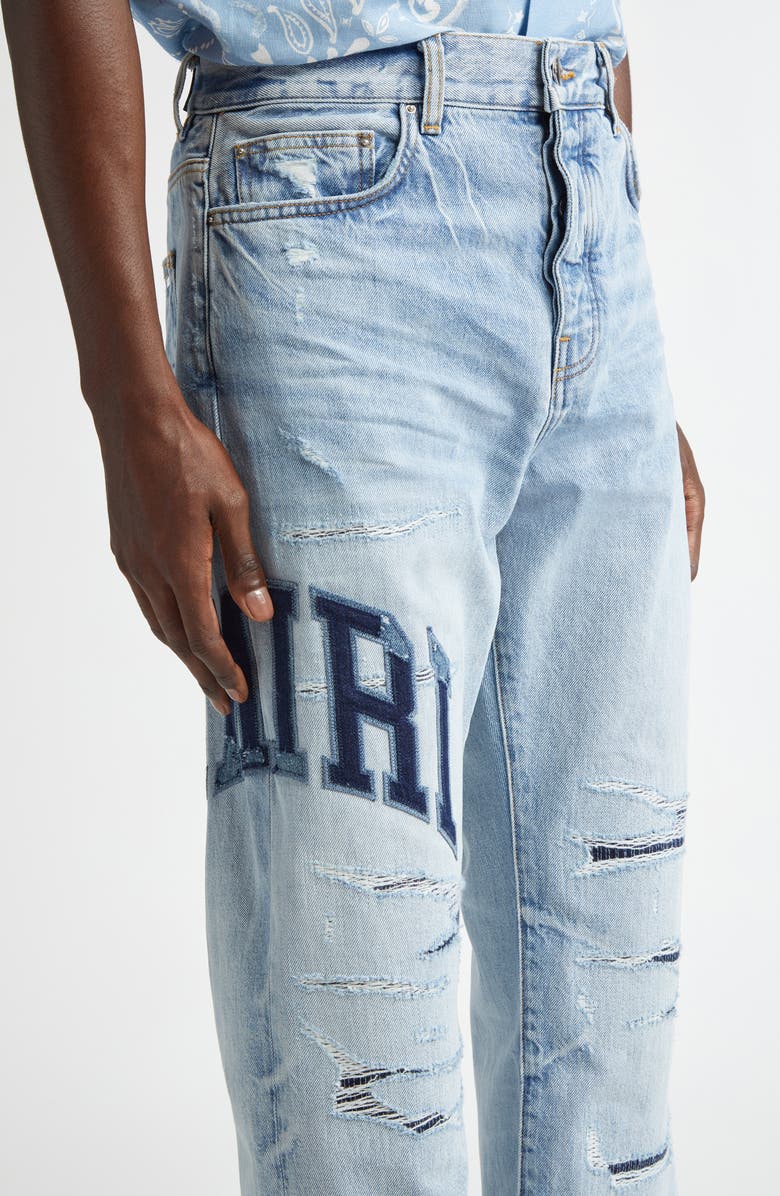 AMIRI Varsity Logo Rip & Repair Straight Leg Jeans, Alternate, color, 