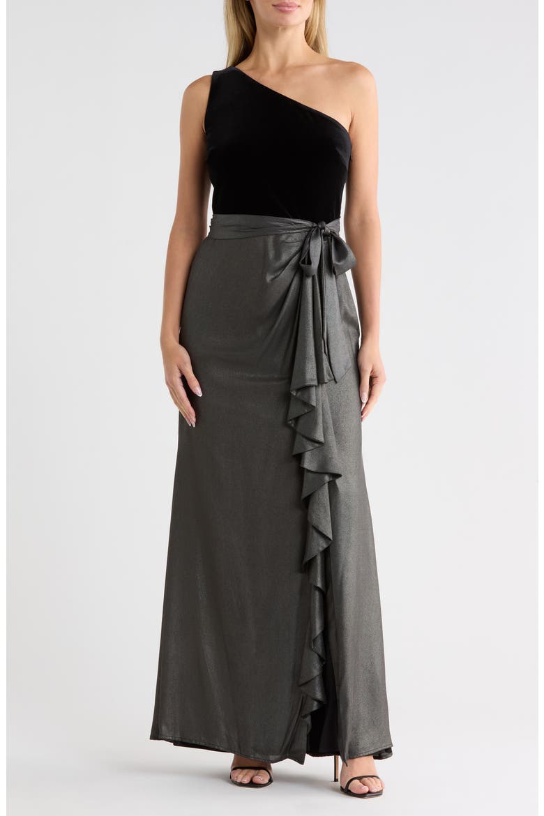 One-Shoulder Mixed Media Gown, Main, color, BLACK/ SILV
