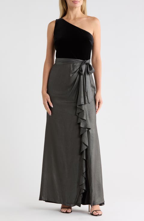 One-Shoulder Mixed Media Gown