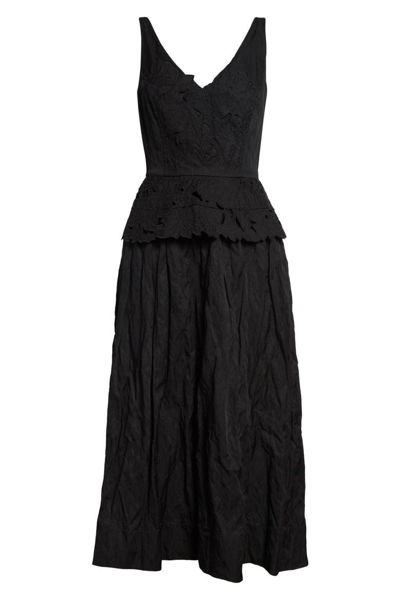 Floral Embroidered Crinkled Peplum Midi Dress, Alternate, color, BLACK