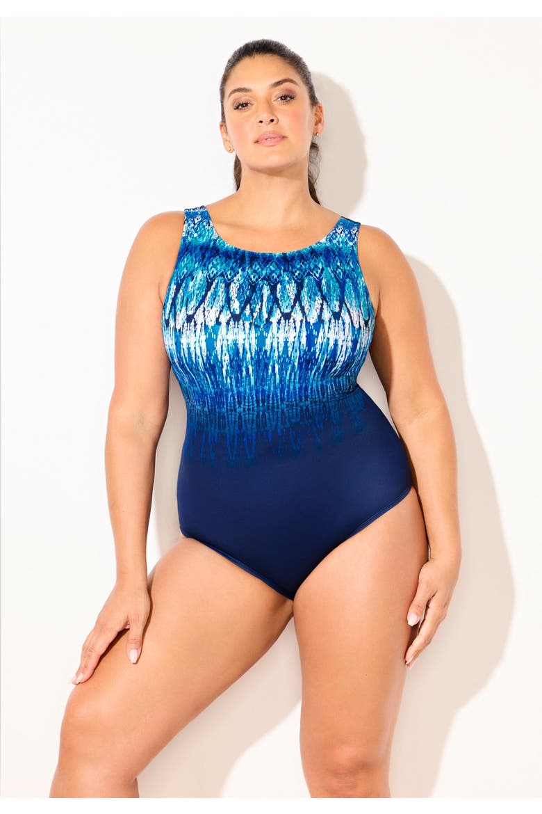 High Neck Tummy Control One Piece Swimsuit, Alternate, color, Blue Aztec