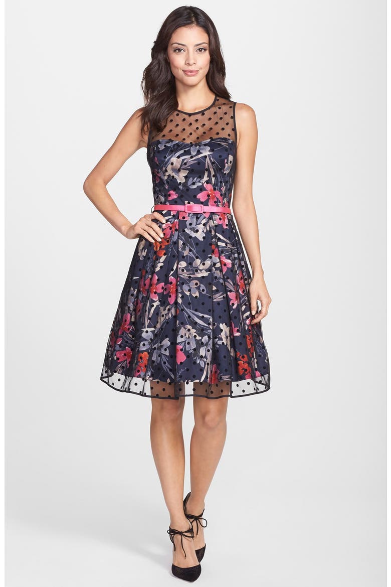 Illusion Yoke Mesh & Faille Fit & Flare Dress, Alternate, color, PRINT BLACK