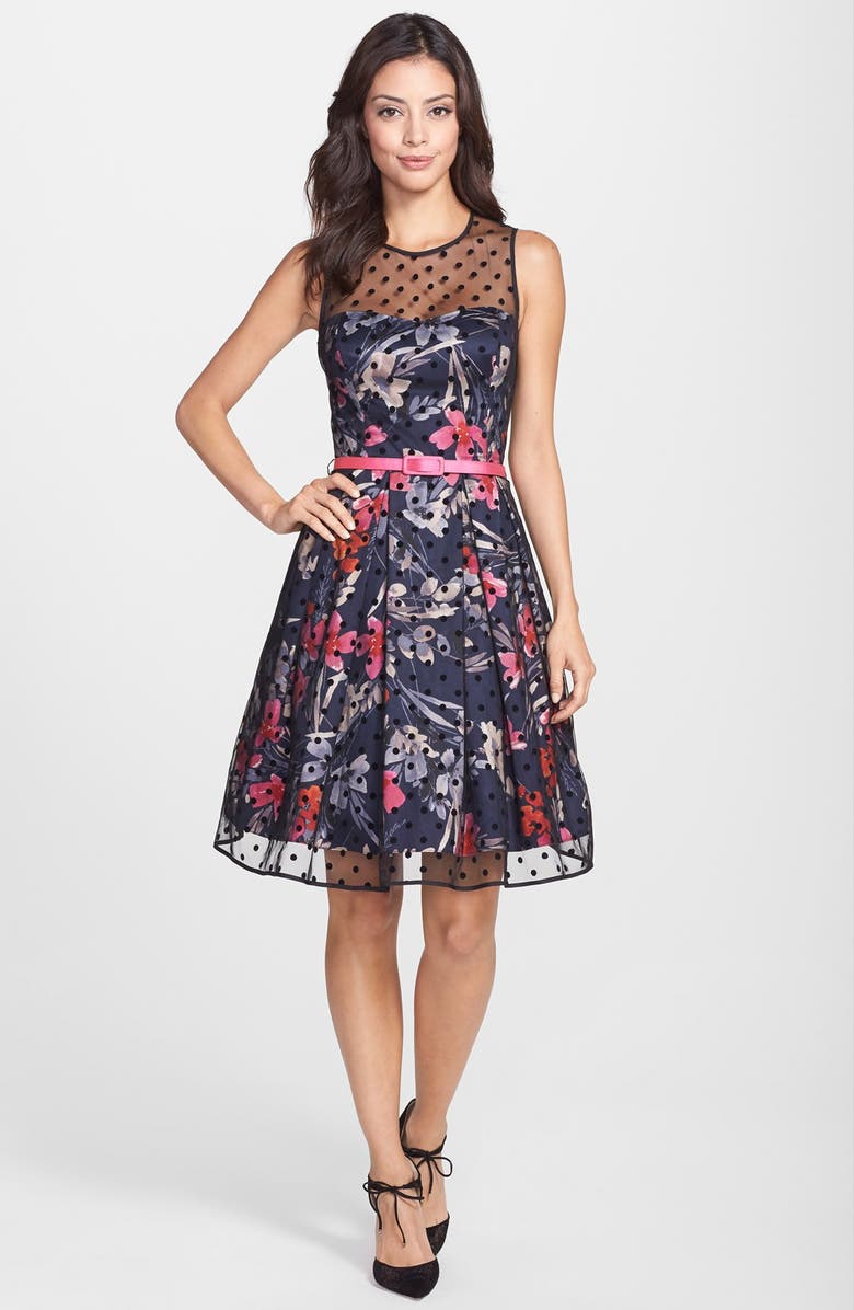 Eliza J Illusion Yoke Mesh & Faille Fit & Flare Dress, Alternate, color,