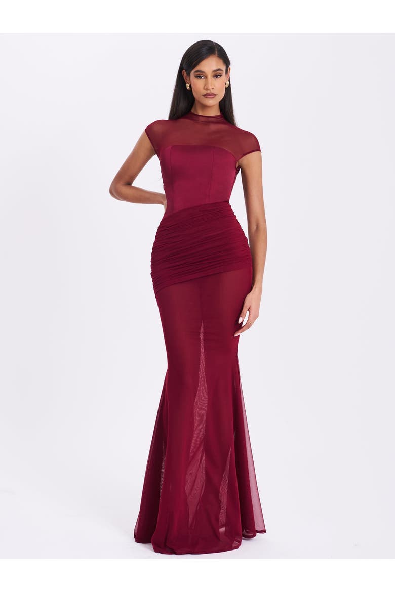 Fabienne Mesh Cap Sleeve Mermaid Gown, Alternate, color, Burgundy