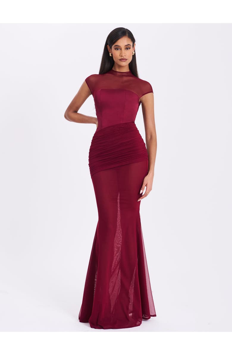 Miss Circle Fabienne Mesh Cap Sleeve Mermaid Gown, Alternate, color, Burgundy