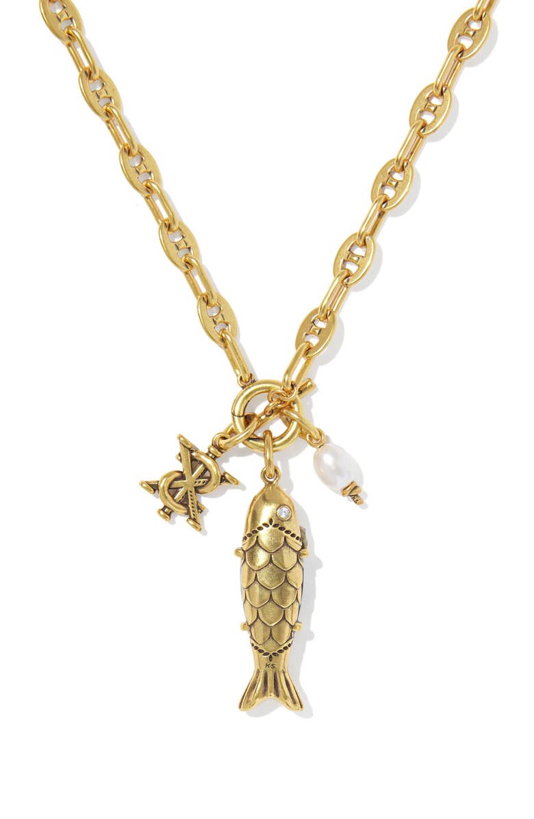 Kendra Scott Parker Fish & Cultured Freshwater Pearl Pendant Necklace, Alternate, color, Vintage Gold Abalone Shell