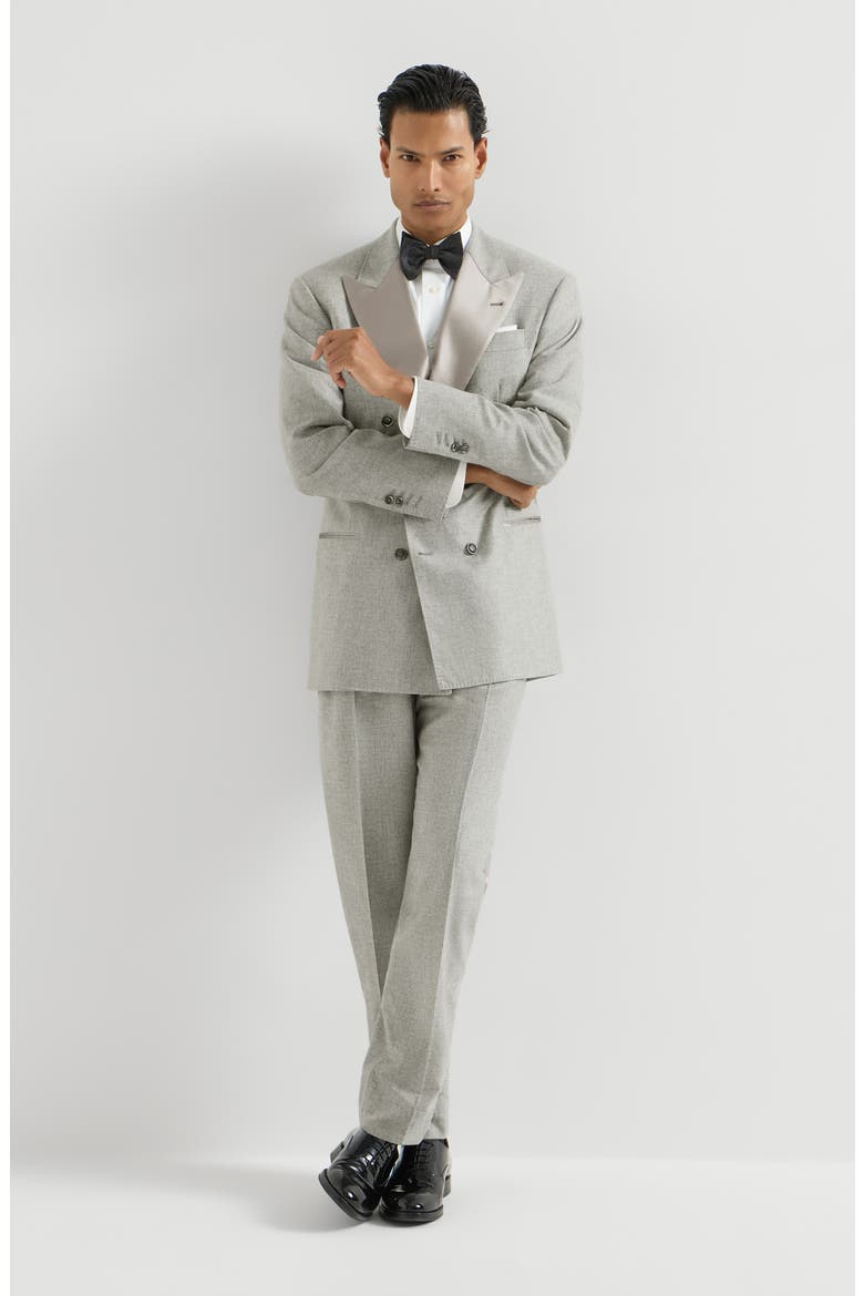 Cashmere and silk lightweight flannel tuxedo one-and-a-half breasted jacket and trousers with double pleats and waist tabs, Alternate, color, Light Grey