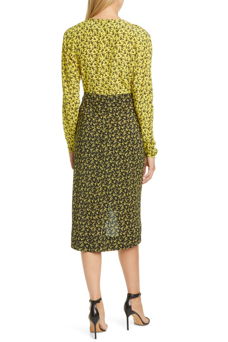 Two-Tone Floral Print Long Sleeve Crêpe de Chine Dress, Alternate, color, 4031 BLACK