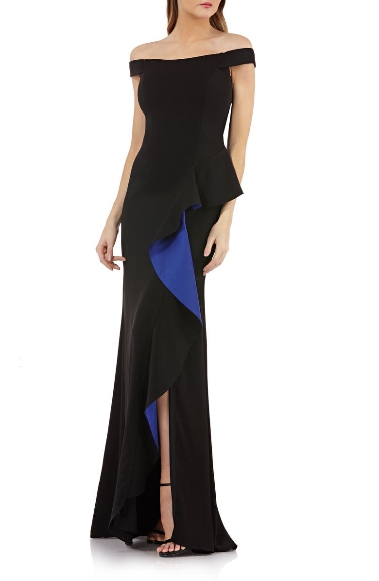 Carmen Marc Valvo Infusion Ruffle Off the Shoulder Gown, Main, color, 