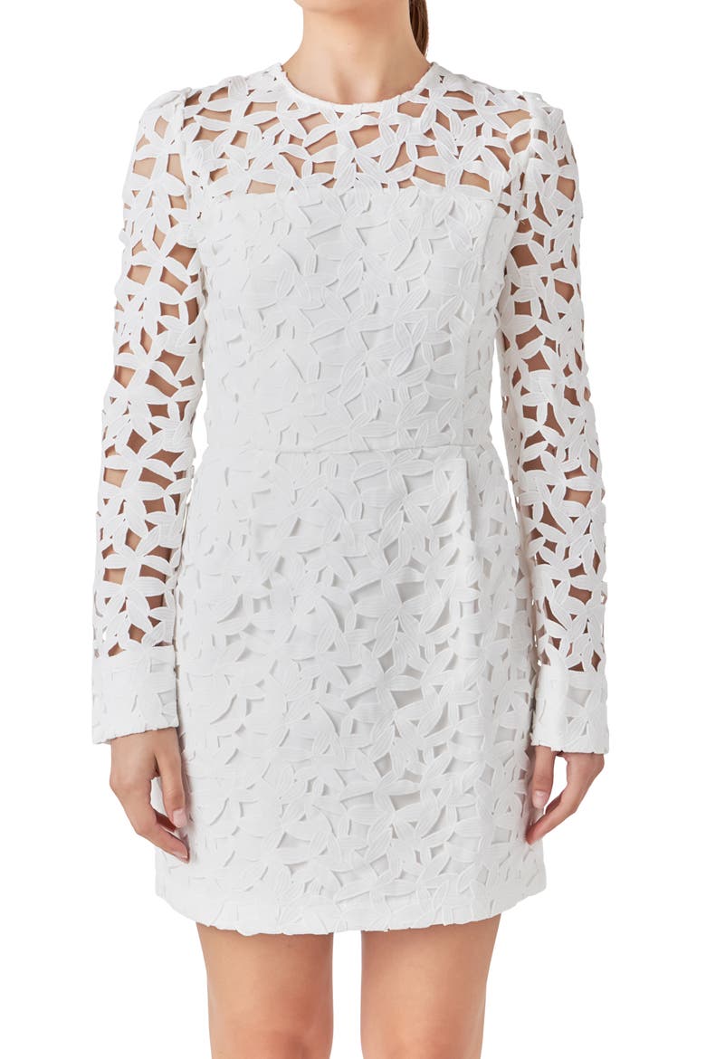 Floral Lace Long Sleeve Minidress, Alternate, color, WHITE