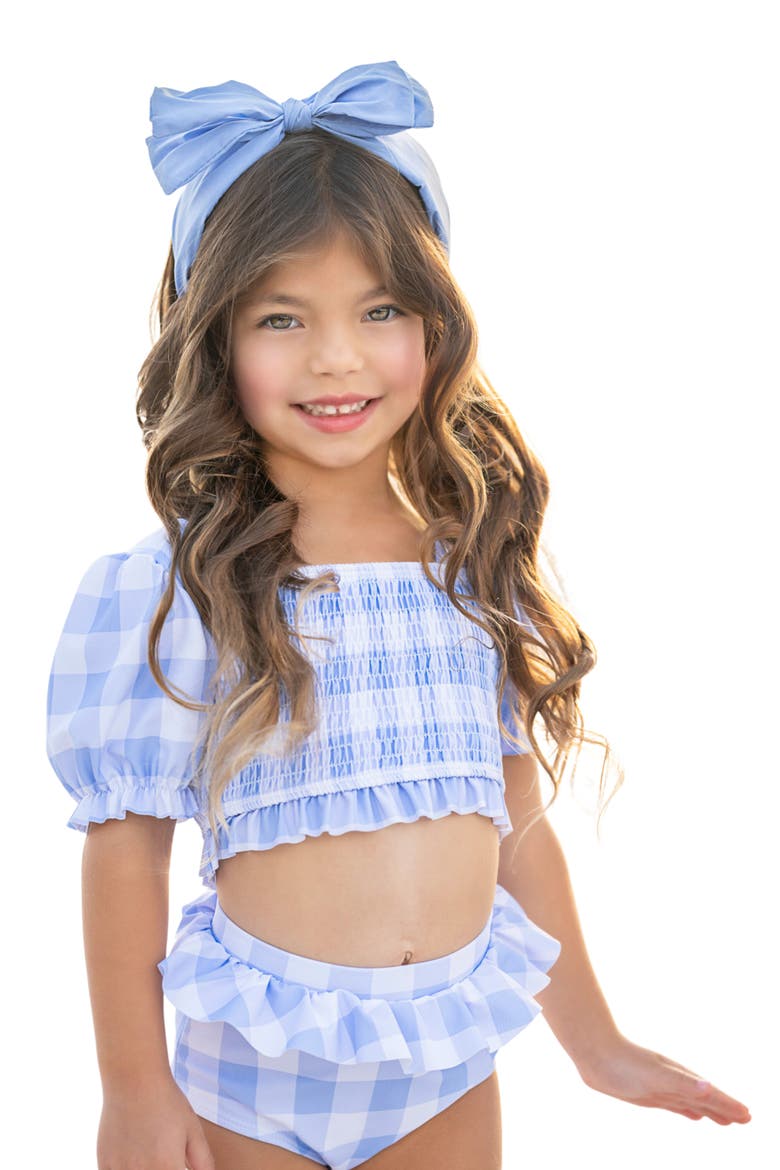 Girls Blue Skies Gingham Puff Sleeve Two-Piece Swimsuit, Main, color, Blue