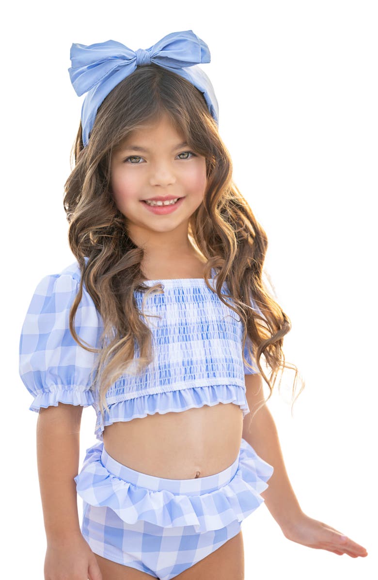 Mia Belle Girls Girls Blue Skies Gingham Puff Sleeve Two-Piece Swimsuit, Main, color, Blue