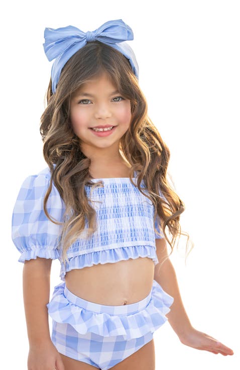 Girls Blue Skies Gingham Puff Sleeve Two-Piece Swimsuit (Toddler, Little Kid & Big Kid)