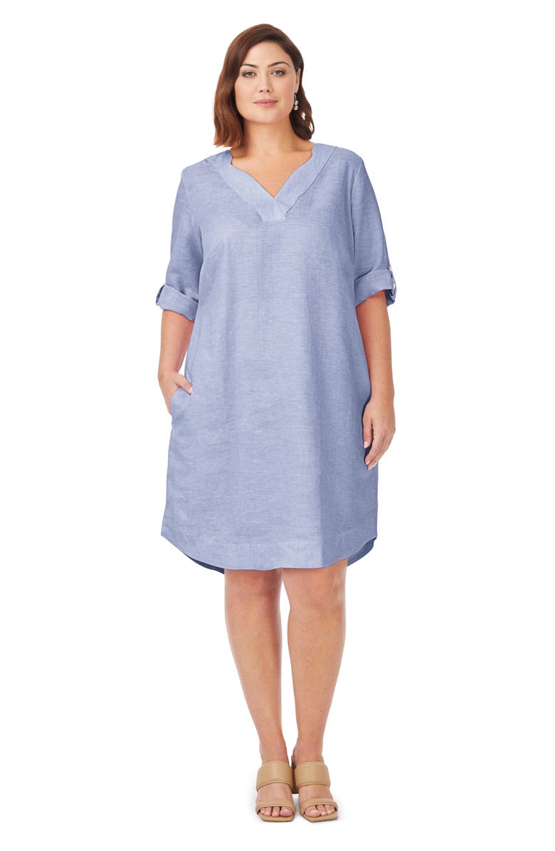 Foxcroft Harmony Roll-Tab Sleeve Linen Shift Dress, Alternate, color,