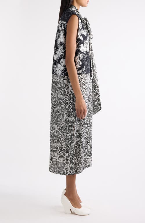 Dries Van Noten Cecussi Abstract Floral Tie Neck Midi Dress In Gray