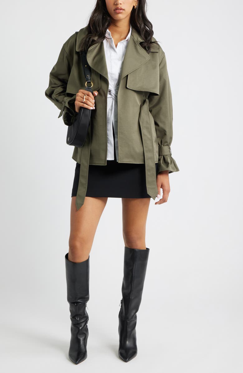 Open Edit Exaggerated Crop Trench Coat, Alternate, color, Olive Sarma
