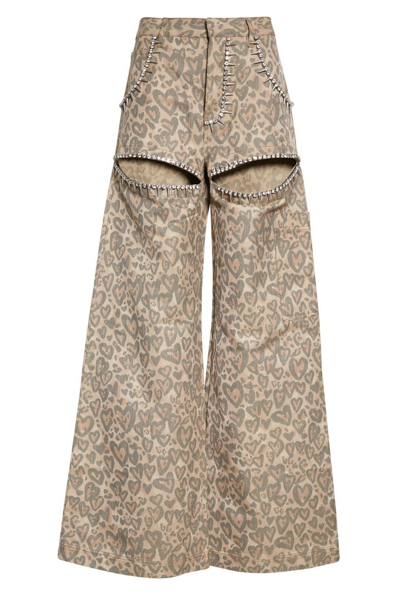 Heart Leopard Print Crystal Trim Cutout High Waist Wide Leg Jeans, Alternate, color, BROWN MULTI