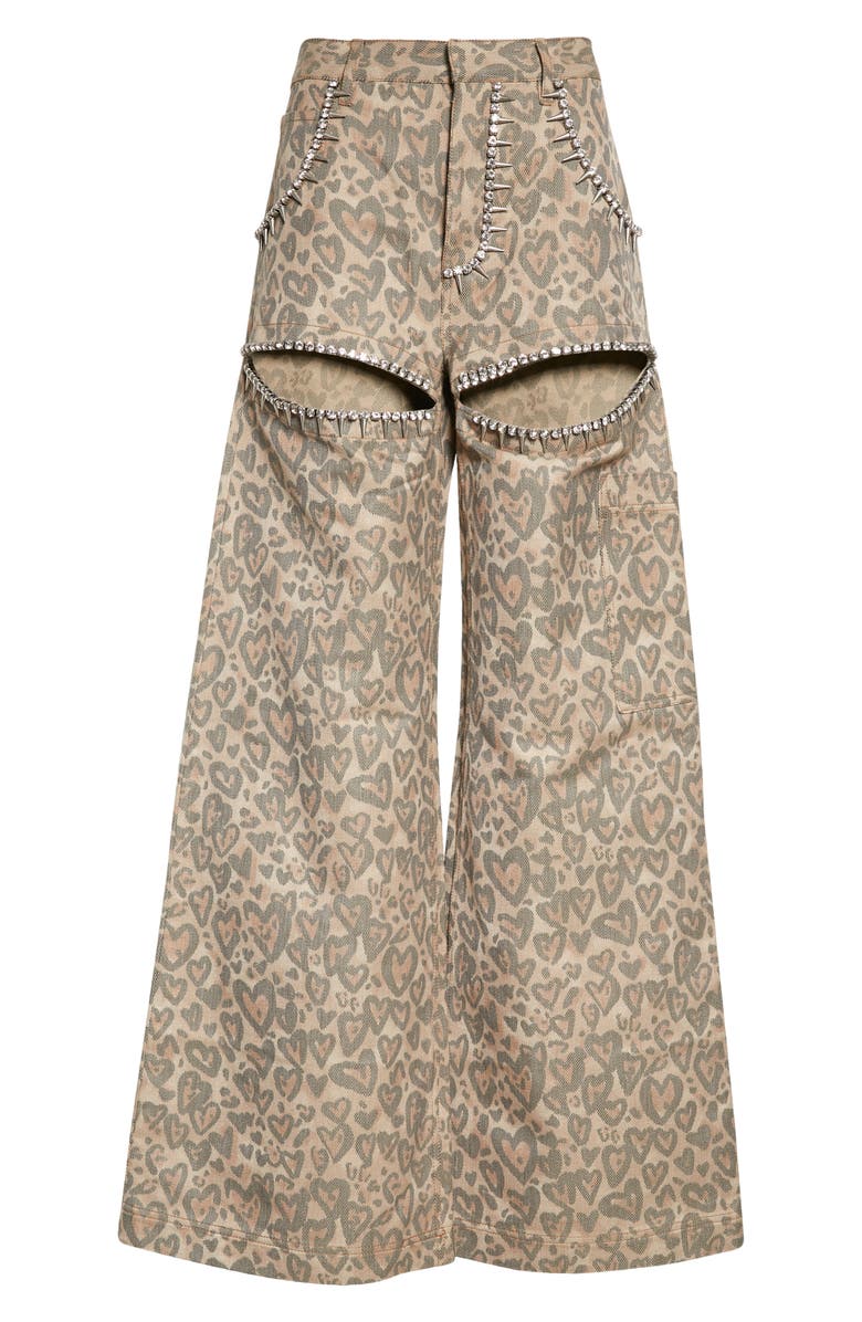 Area Heart Leopard Print Crystal Trim Cutout High Waist Wide Leg Jeans, Alternate, color,