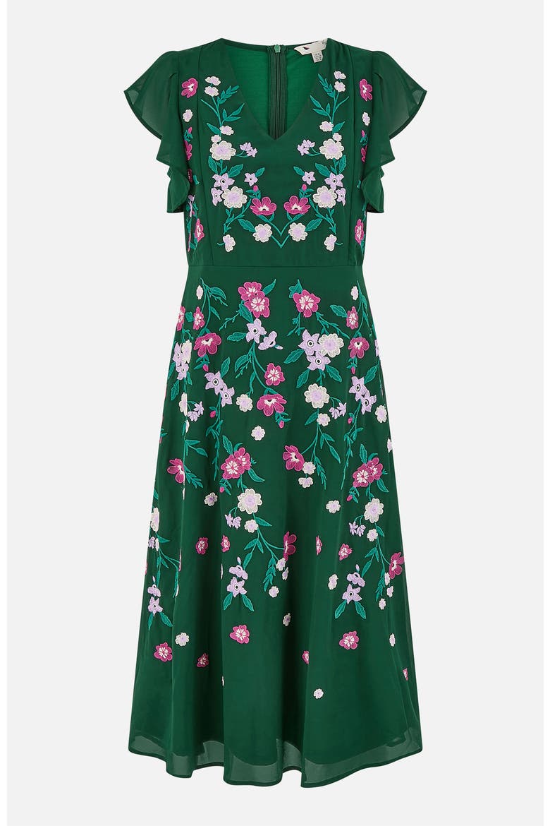 Floral Embroidered V-Neck Midi Dress, Alternate, color, Green