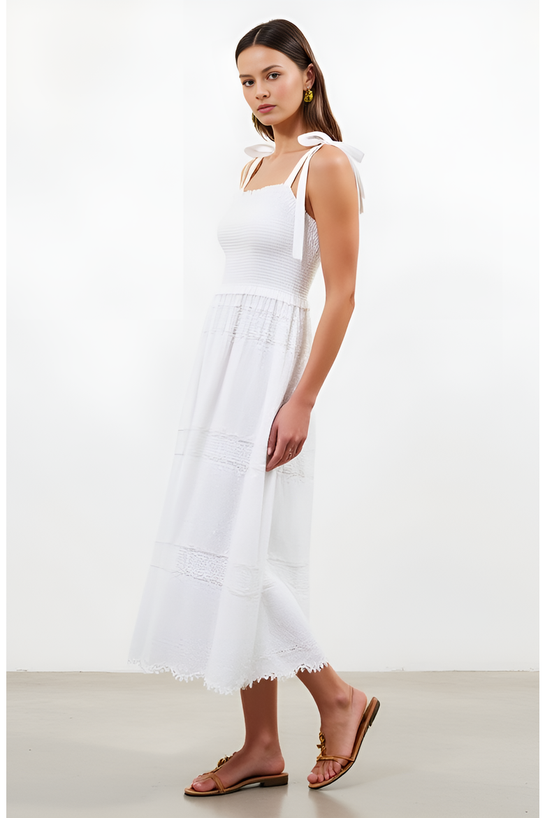 Smocked Lace Eyelet Maxi Dress with Scalloped Hem, Alternate, color, White
