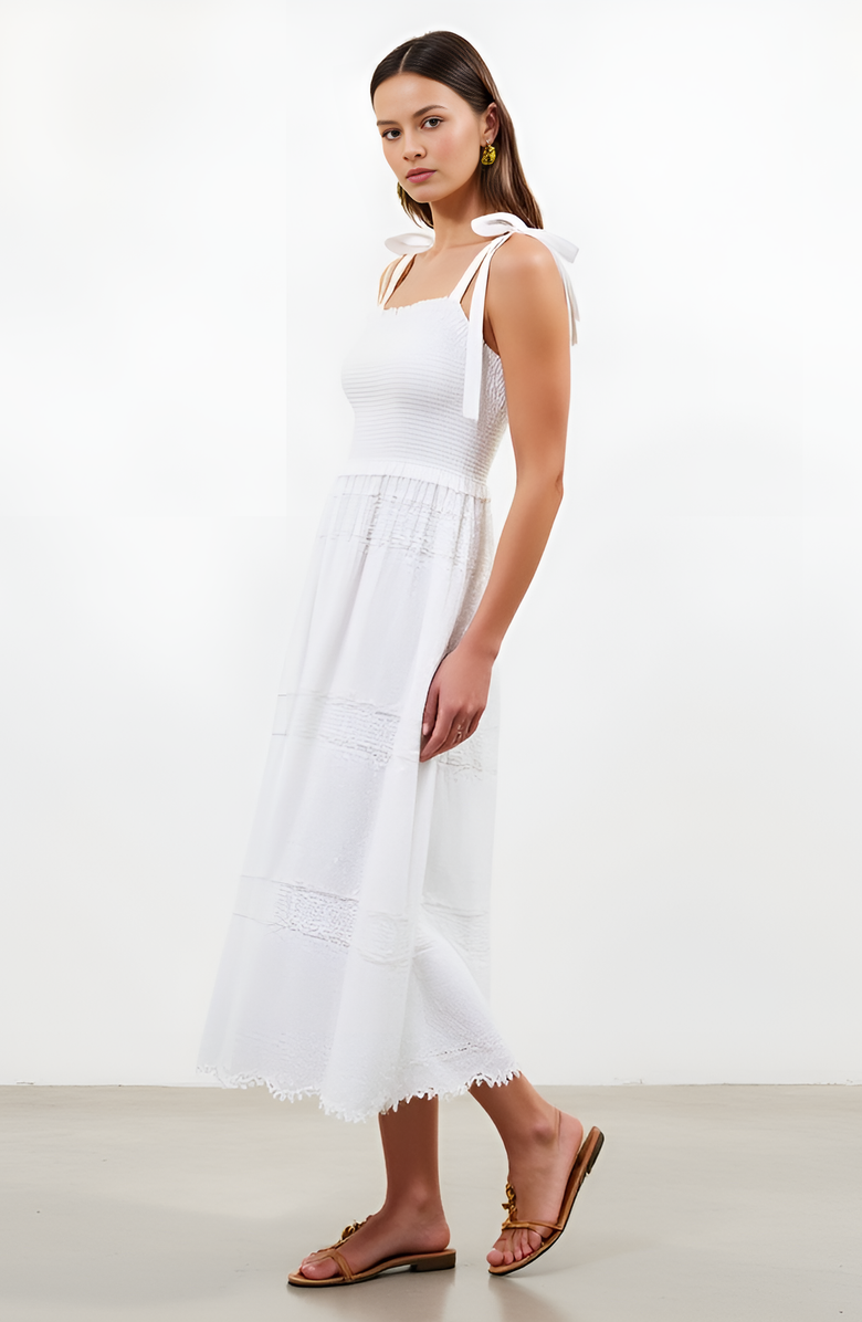 Modenaire Smocked Lace Eyelet Maxi Dress with Scalloped Hem, Alternate, color, White