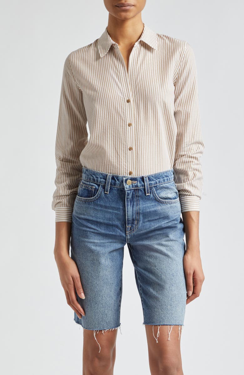 L'AGENCE Laurent Metallic Stripe Button-Up Shirt, Main, color, Dark Cappuccino/ Gold