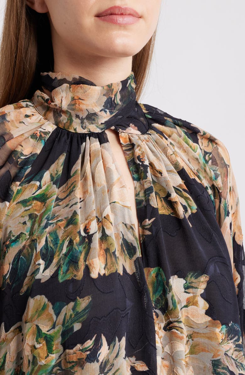 MELLODAY Botanical Tie-Neck Maxi Dress, Alternate, color, Black Peach Floral