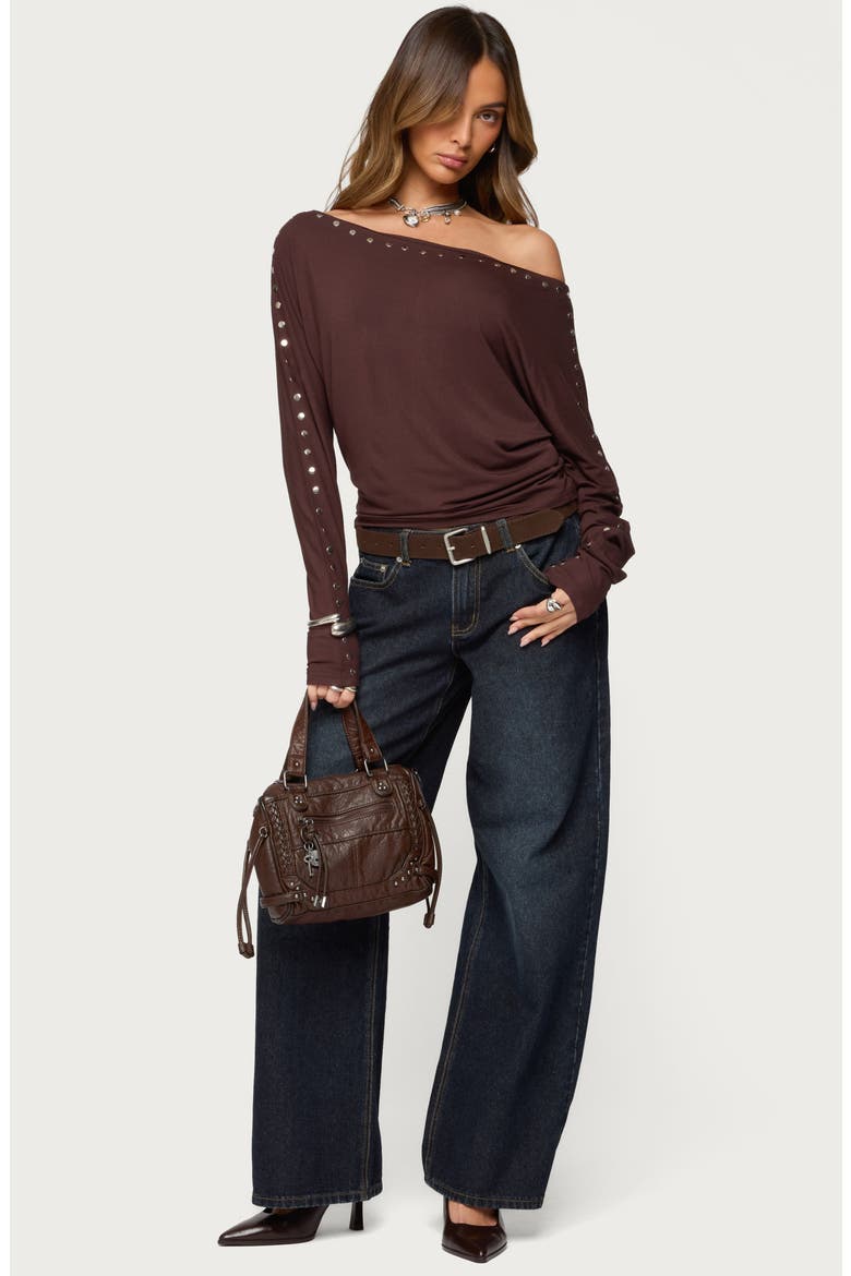 Paola Stud One-Shoulder Top, Alternate, color, BROWN