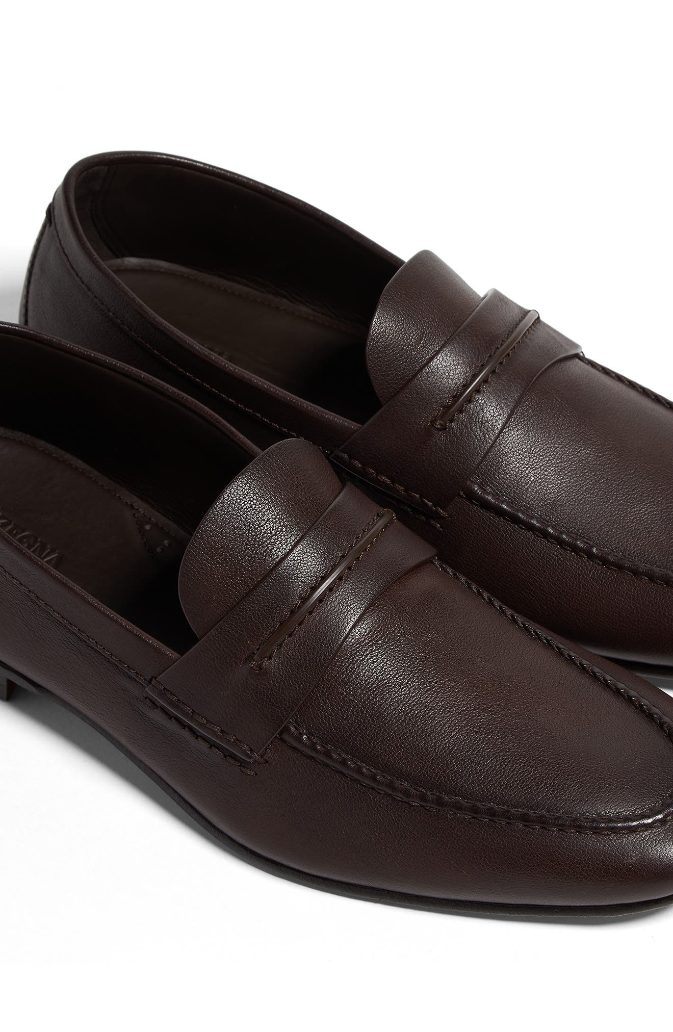 ZEGNA Black Natural Grain Leather Driving Loafer, Alternate, color, Dark Brown