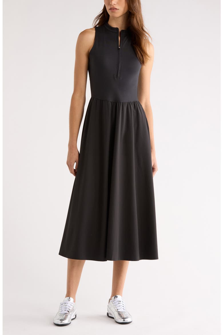Atlas Zip Front Sleeveless Midi Dress, Main, color, BLACK