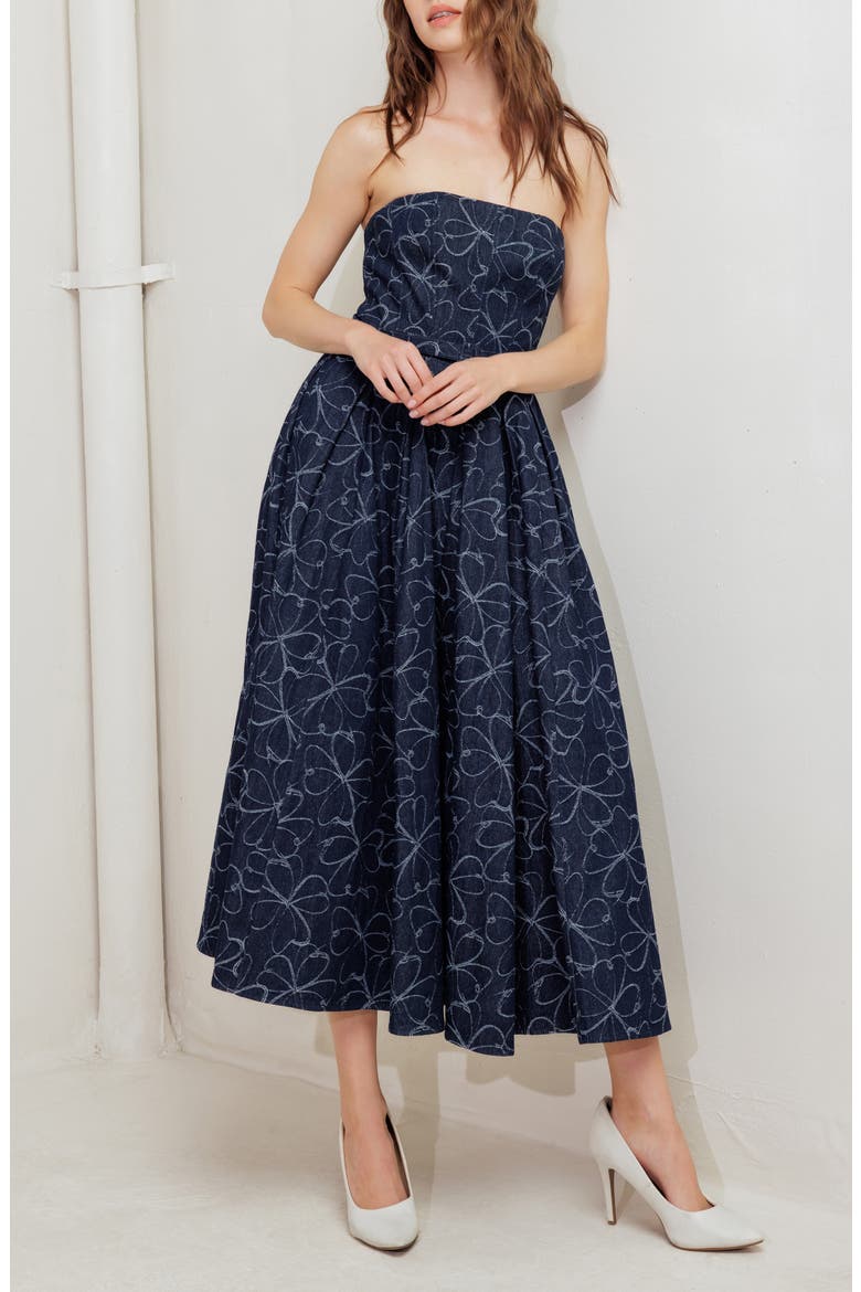 Printed Strapless Belted Denim Midi Dress, Alternate, color, DENIM