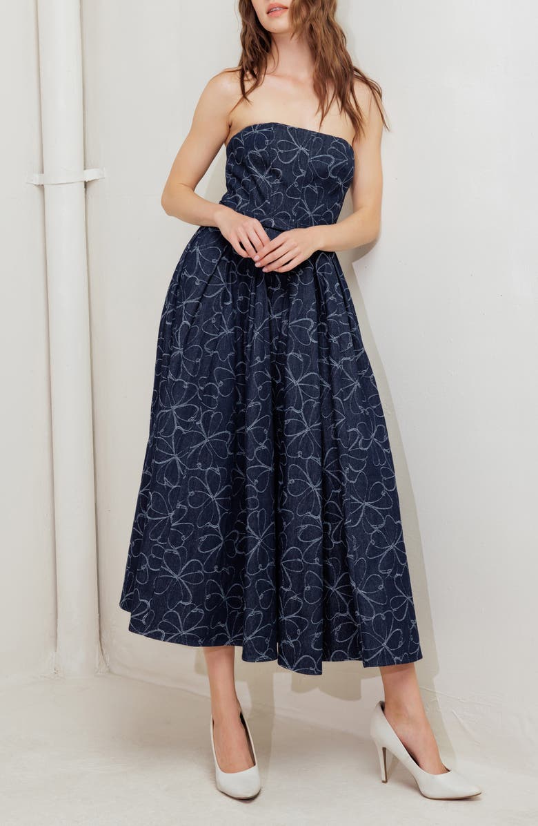 FREEMARKET Printed Strapless Belted Denim Midi Dress, Alternate, color, Denim