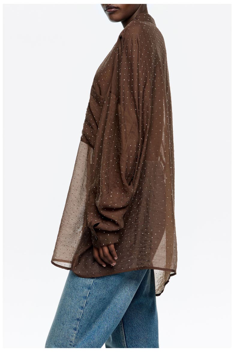 Oversize Shirt With Mini Rhinestones, Alternate, color, DARK BROWN
