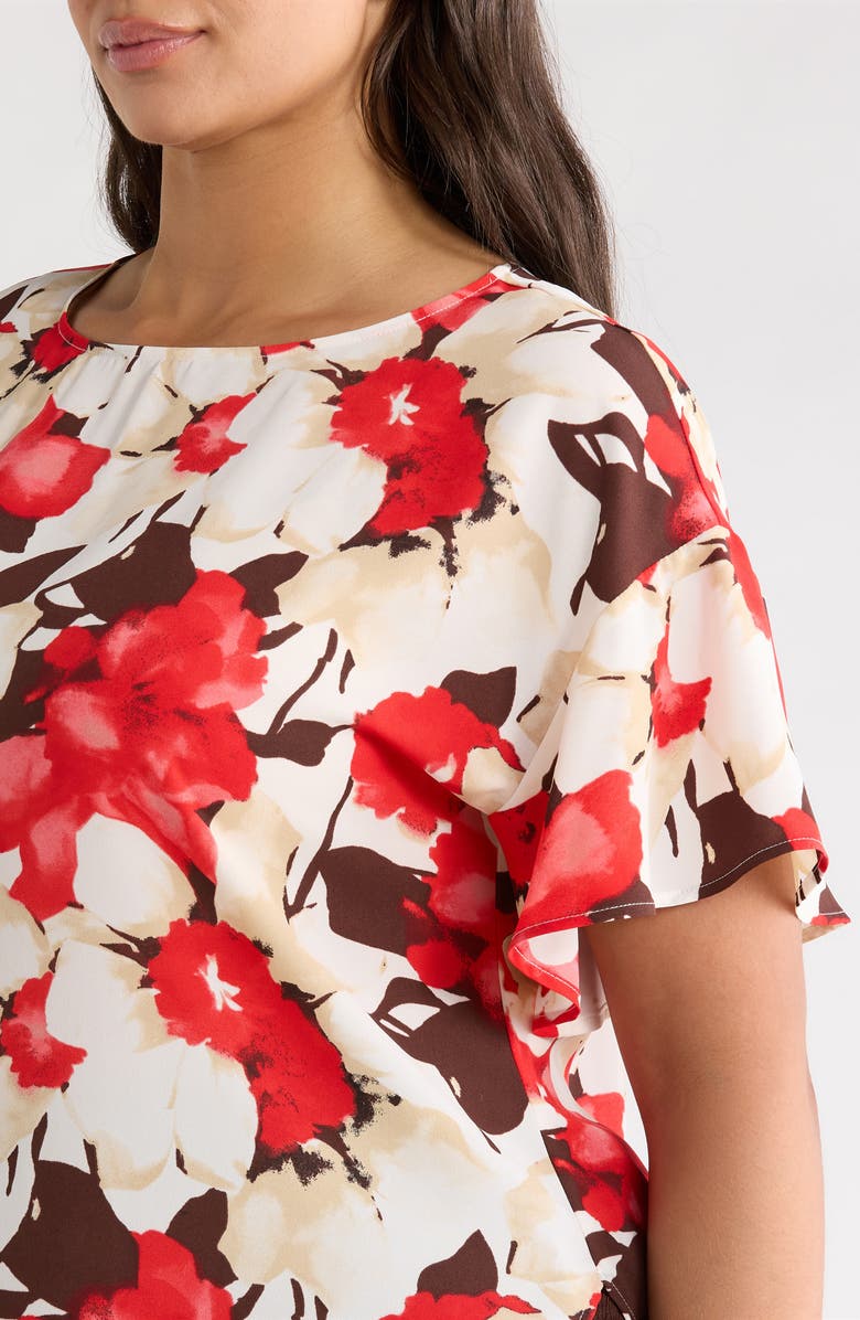 Anne Klein Floral Print Flutter Sleeve Top, Alternate, color, White Dove Multi