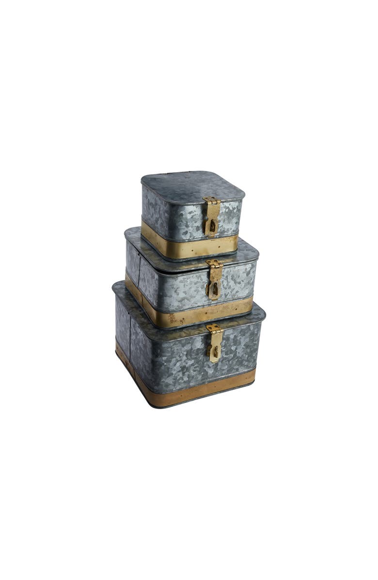 Storied Home Distressed Metal Boxes with Lids, Silver and Gold, Set of 3, Main, color, 