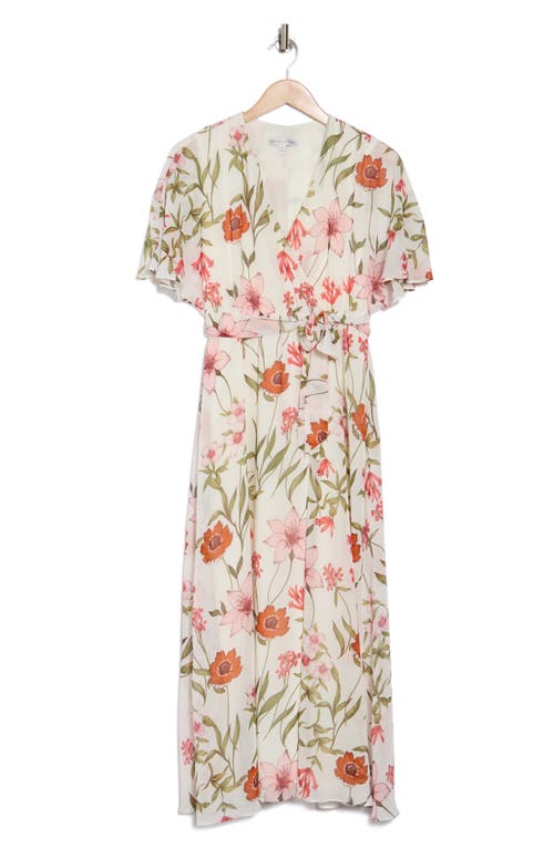 Sandra Darren Floral Short Sleeve Faux Wrap Maxi Dress In Ivory Multi