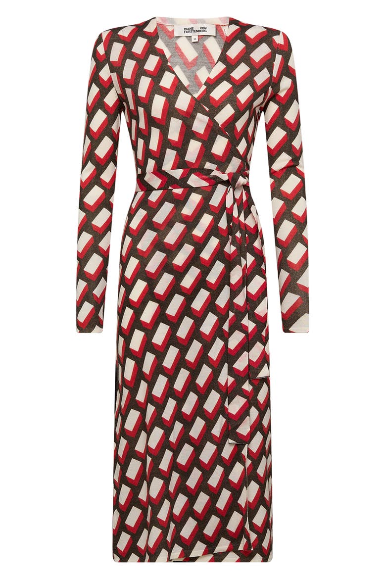 Luella Geo Print Long Sleeve Merino Wool Blend Wrap Dress, Alternate, color, BLOCKS RED MED
