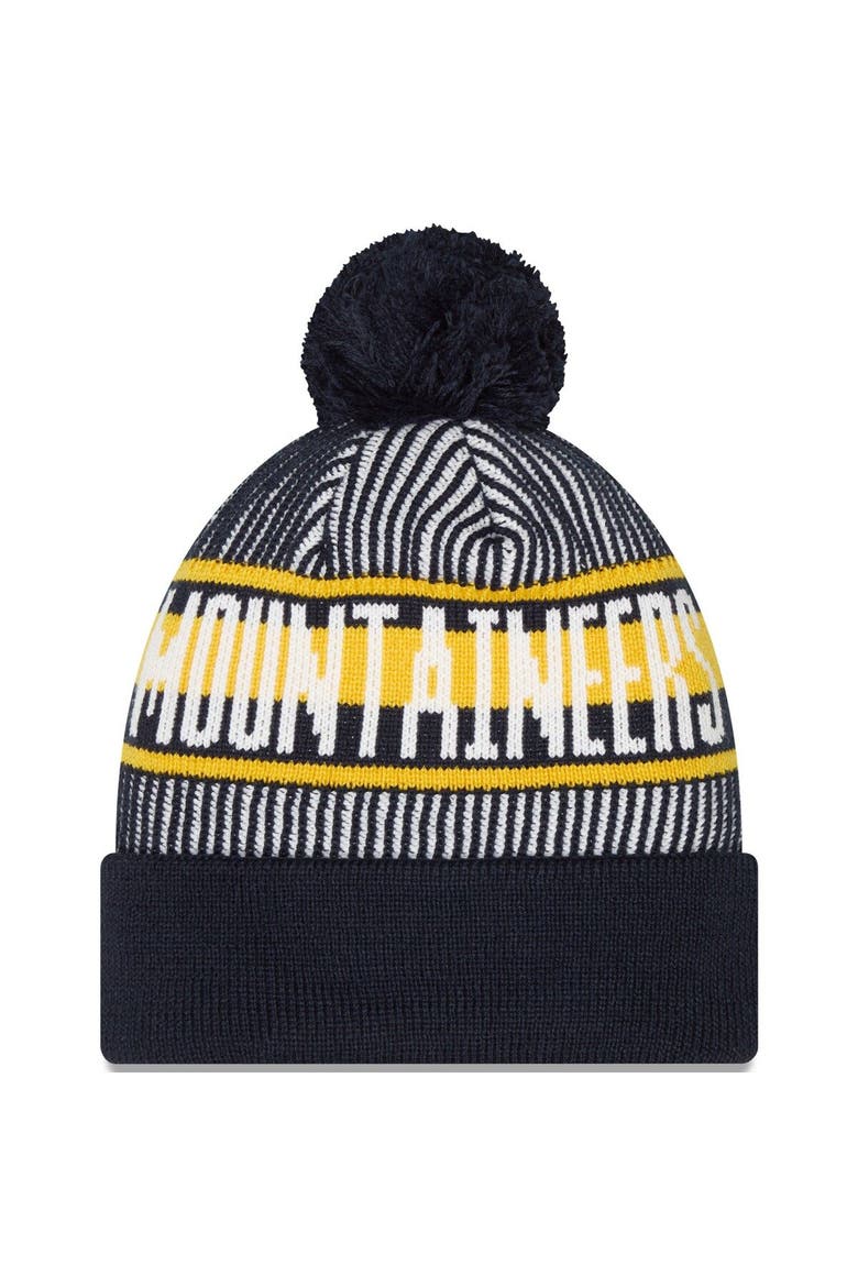 Men's New Era  Navy West Virginia Mountaineers Logo Striped Cuff Knit Hat with Pom, Alternate, color, Navy