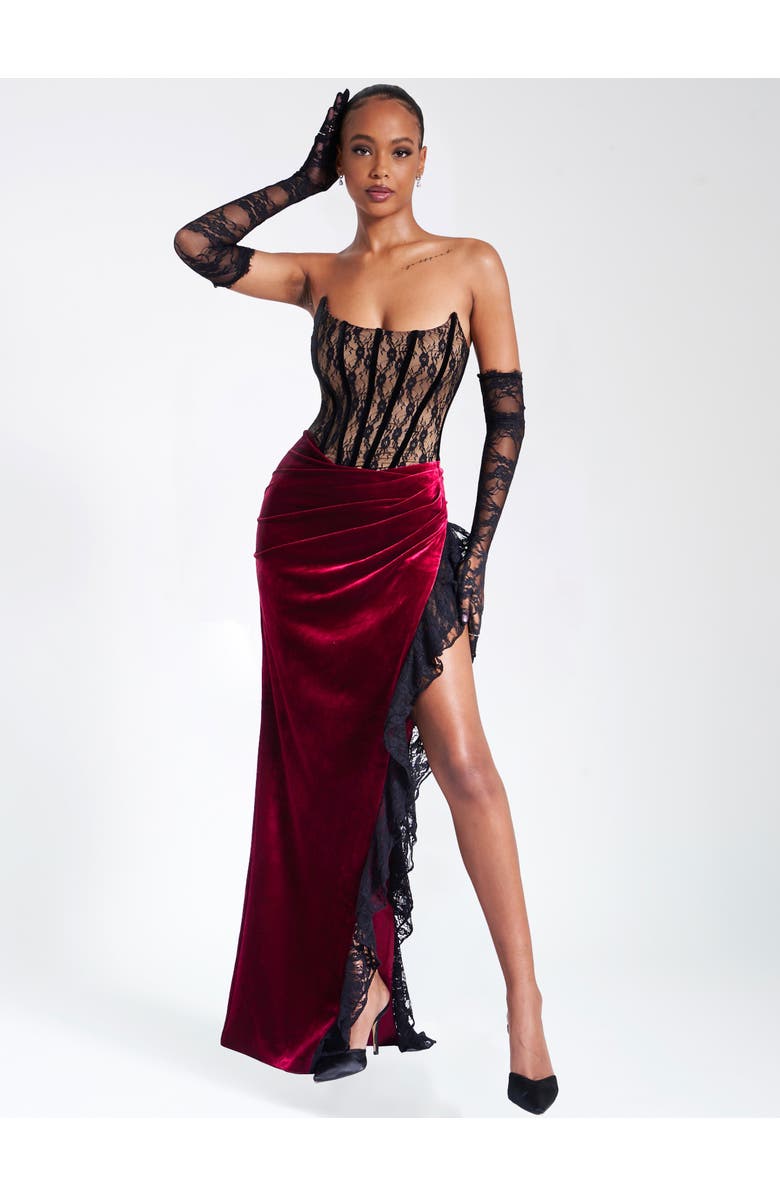 Miss Circle Gaia Lace Velvet Corset Side Slit Dress, Alternate, color, Burgundy