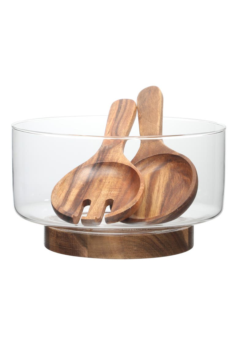 Farm Favorites Glass Salad Bowl Set with Acacia Wood Base and Utensils, Alternate, color, Clear